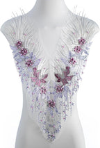 Beaded Pearl Flower Fabric Lace Applique, Floral Embroidered Patches Handmade Sewing Tool for DIY Neckline Bodice Wedding Bridal Prom Dress(Purple-Small)