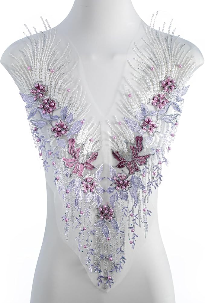 Beaded Pearl Flower Fabric Lace Applique, Floral Embroidered Patches Handmade Sewing Tool for DIY Neckline Bodice Wedding Bridal Prom Dress(Purple-Small)