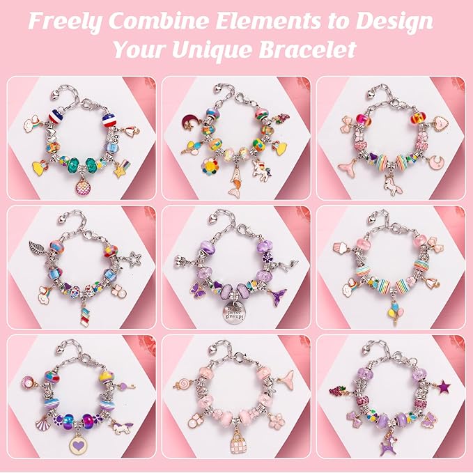 YJK Charm Bracelet Making Kit, 5-12 Year Old Girl Birthday Gifts, 133 Pcs DIY Beaded Jewelry Making Kit with Jewelry Box, Creative Crafts for Girls, Charm Necklace Making kit for Girls (Purple & Pink)
