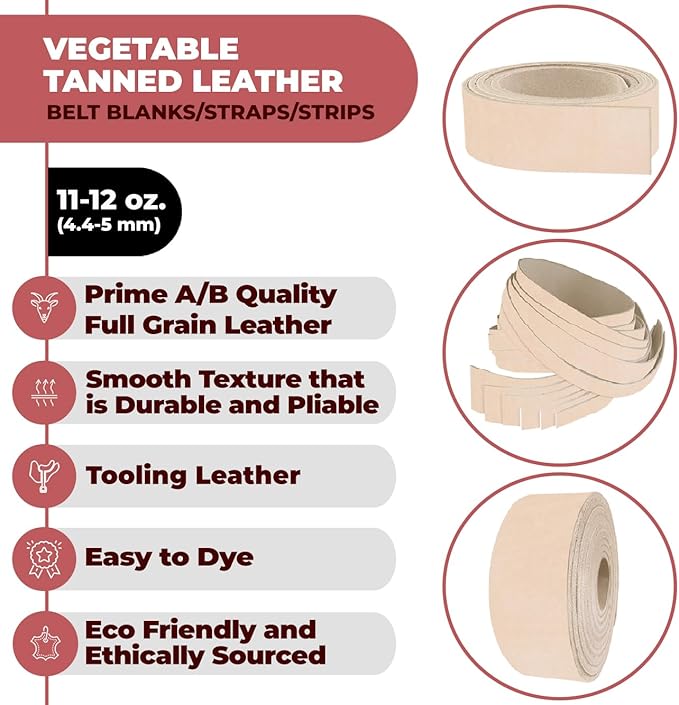 ELW Leather Strap, 11-12 Oz, 5 inch Wide x 84", Cowhide Veg Tan Leather Belt Blank, Leather Strips, Leather Crafting,Tooling Leather, Tan Leather Straps for Crafts, Belt Making Leather
