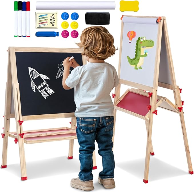 Double Sided Foldable Easel for Kids Adjustable Height Wooden Art Station with Paper Roll and Accessories Ideal Gift for Toddlers Boys Girls Ages 3 4 5 6 7 8 Years Old