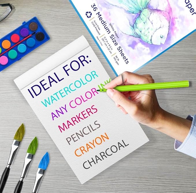 1 Pack - Total of 36 Sheets of Watercolor Paper (11.7" x 8.3") - Heavy Stock (98lb), Loose White Sheets. Perfect for Kids, Students & Adults