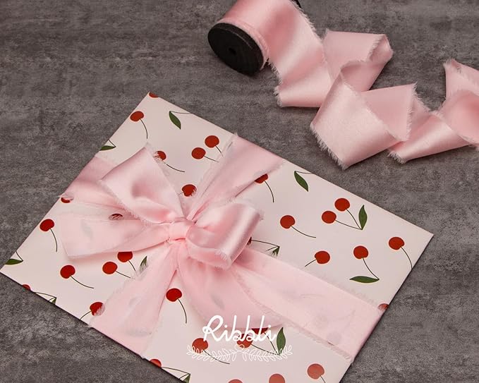 Ribbli Light Pink Silk Satin Ribbon 1.5 Inch x 30 Yard Handmade Frayed Chiffon Pink Ribbon for Gift Wrapping Wedding Invitations Bridal Bouquets Home Decor