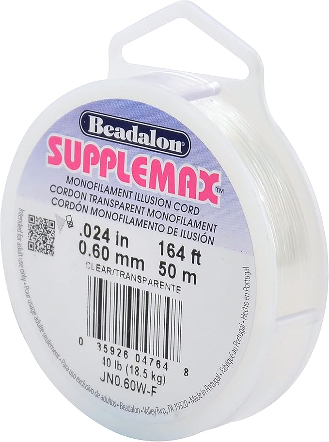 Beadalon SuppleMax Illusion Beading Cord, 0.60 mm / 0.024 in, Clear Monofilament, 50 m / 164 ft