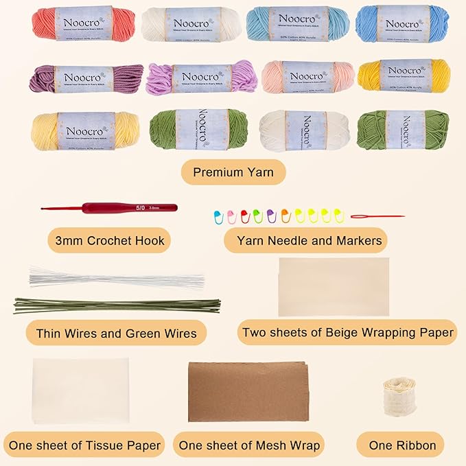 Noocro Crochet Kit Flower Bouquet, Rose, Lily Myosotis, Poppy, Tulip and Orchid with Video Tutorial and Detailed Instructions, Complete Kit Craft Supplies Holiday Gift (Flower Bouquet)