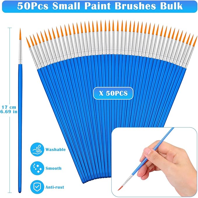 50Pcs Round Paint Brushes Bulk, Anezus Small Paint Brushes Classroom Brushes Set for Kids Model Canvas Painting Face Acrylic Watercolor Oil and Crafts