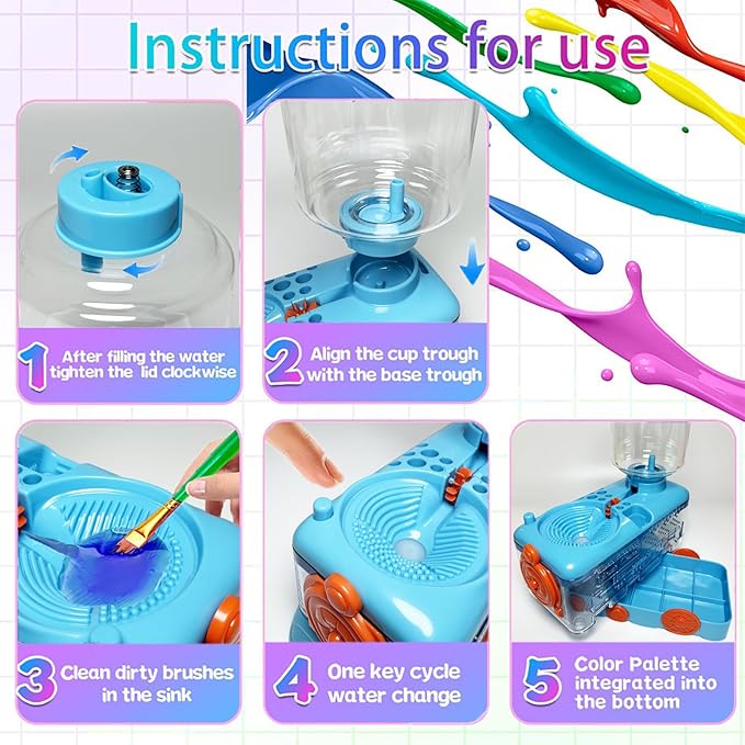 Paint Brush Cleaner with Paint Tray, Water Circulation Brush Rinser with Brush Holder, Watercolor/Oil and Water-Based Paint Brush Cleaner Tool, 400ml Capacity, Train Design, Gift for Artist Beginners