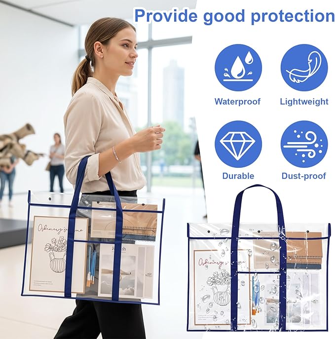 SHENLIU 4 Pack Large Poster Storage Bag, 31.5 ×25.5" Bulletin Board Holder Art Portfolio Container Art PVC Folder with Pocket Transparent Chart Storage Box for Teacher Classroom Organization