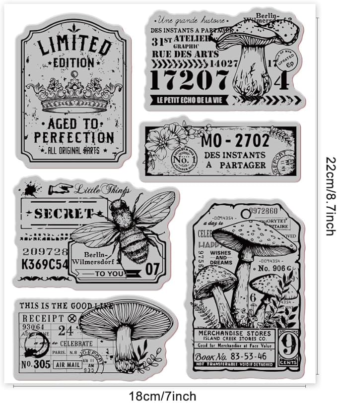 GLOBLELAND Retro Mushroom Bee Cling Rubber Stamp 7.09x8.66inch Crown Labels EVA Rubber Stamps Embossing Stamp Seal for DIY Scrapbooking and Card Making Paper Craft Decor