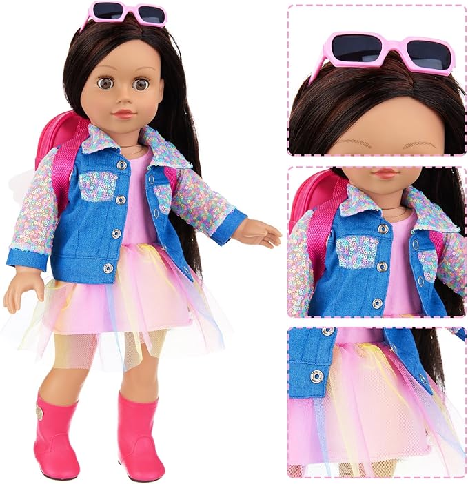 UNICORN ELEMENT 15 Pcs American 18 Inch Doll Makeup Accessories Set and Doll Clothes Includes Skirt, Backpack Carrier for 18 Inch Doll Makeup Doll Accessories for Girl (No Doll)