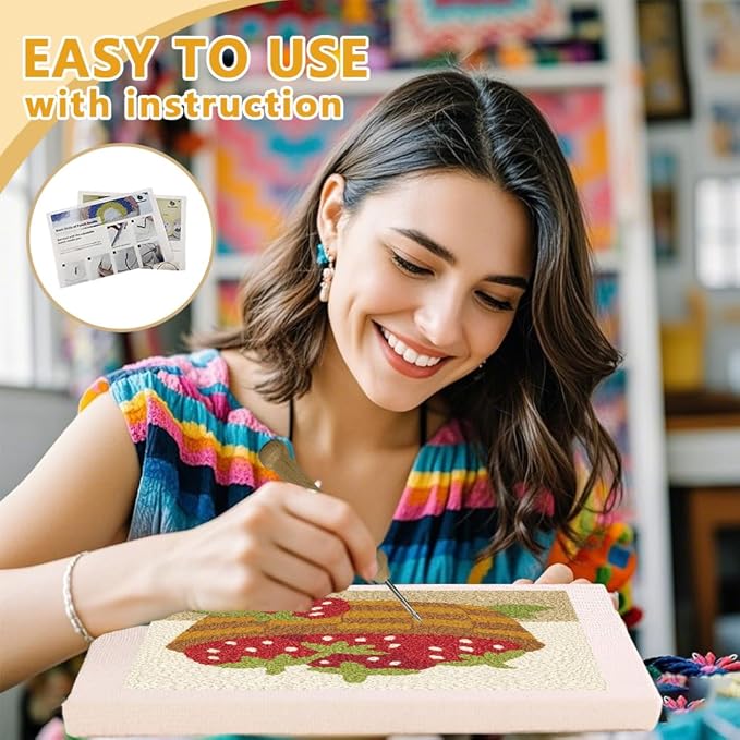 Doodlream Strawberries DIY Punch Needle Embroidery Kit for Adult Beginner, 9.4" A Basket of Strawberries Punch Stitching Craft Set for Starter with Frame, Fabric Pattern, Threader, Yarn, Pinch Needle