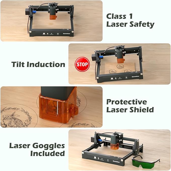 Genmitsu Laser Engraver Machine Kortek 2.5W, Wireless APP Supported, ±0.01mm High Precision, Portable Laser Engraving Machine for DIY Wood, Acrylic, Leather, Glass, Metal, Fiber, Safety Class 1