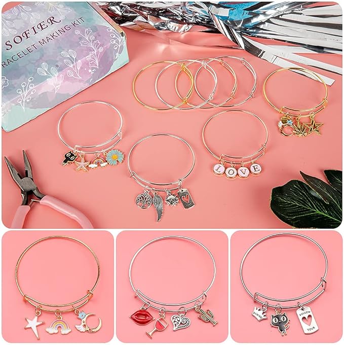 Sofier 542pcs Bangle Bracelet Making Kit DIY Jewelry Making Kit and Supplies Expandable Charm Bracelets Pendants Plier Set Toy Art Craft Gift for Girl Teen Women Adult