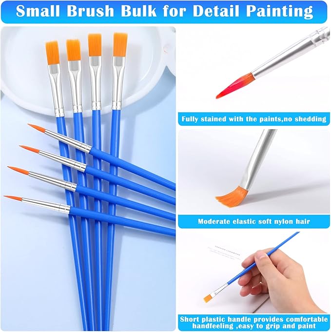 Small Paint Brushes Bulk, Anezus 50 Pcs Flat Tip Paint Brushes with Round Acrylic Paint Brushes Set Craft Brushes for Classroom Acrylic Watercolor Canvas Face Painting Touch Up
