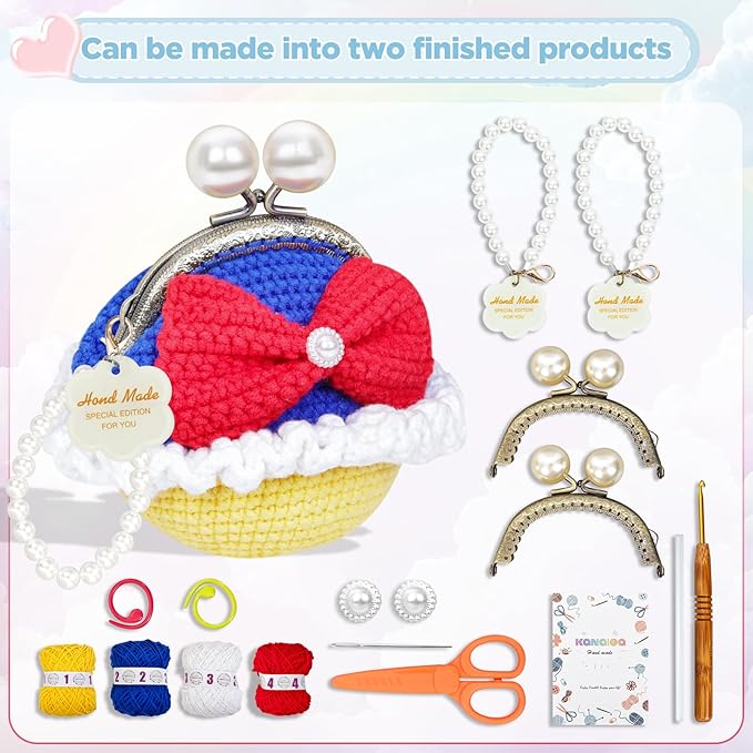 Crochet Kits for Beginners - Handmade craft Diy Knitting Set with Yarn,Hooks,Video Tutorials - Nice Gifts for Adults,Women - Cute Pricess Wallet Coin Change Purses Storage Bag Pouch(2pcs) (blue)