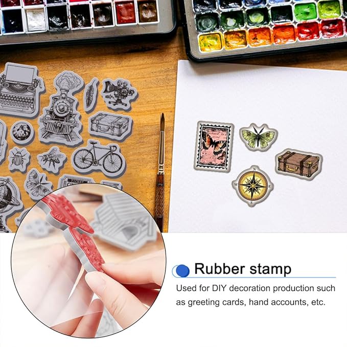 GLOBLELAND Retro Insect Train Cling Rubber Stamp 8.7"x7" Bicycle Butterfly Bee EVA Stamps Embossing Stamp Seal Rubber Stamps for DIY Scrapbooking and Card Making Paper Craft Decor