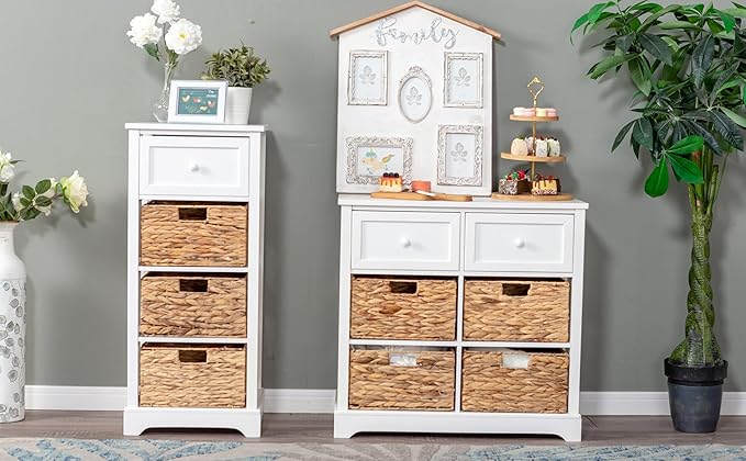 PHI VILLA White Storage Cabinet with Baskets, Accent Cabinet with Drawers, Entryway Rattan Cabinet with Shelves