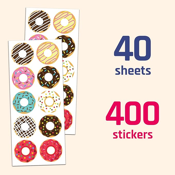 40 Sheets - Donut Stickers for Party Favors - 400 Stickers, 1.5"