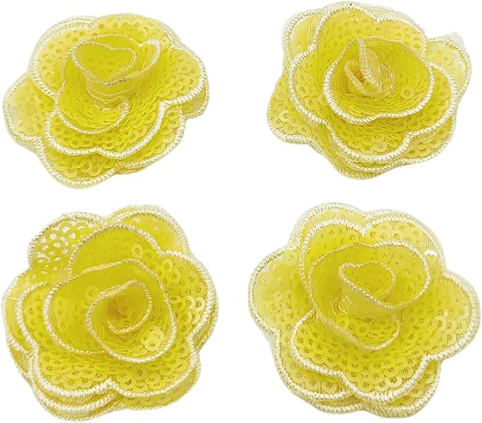 5 PC Rose Flower Sequins Lace Embroidery Patch Applique Trim Wedding Dress DIY Sewing Craft Clothes Applique, 1.6 Inch, Yellow