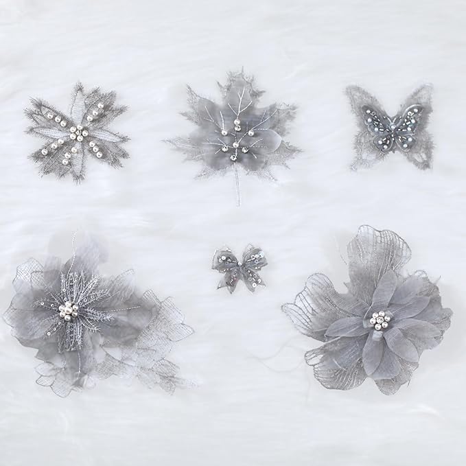 6 Pieces 3D Flower Lace Embroidery Butterflies Appliques Pearl Patches for Repairing and Decorating, Sewing Craft Clothing Jeans Jackets Bags (Gray)