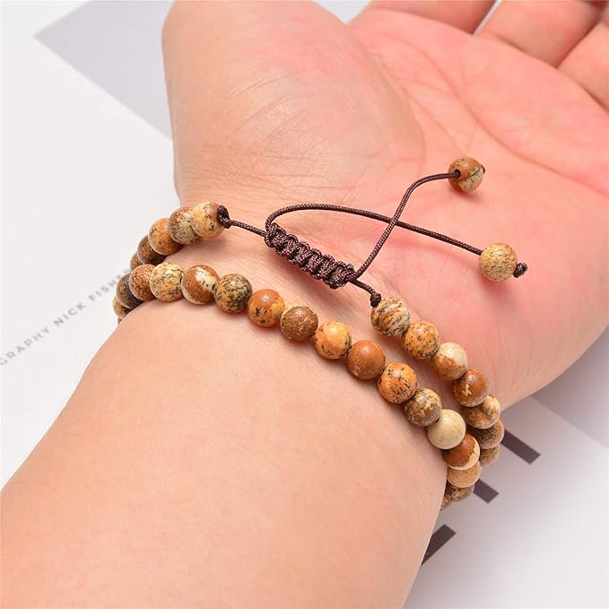 NCB 100pcs Natural Stone Beads Round Loose Beads 6mm with Elastic String and Beading Needle for Jewelry Making DIY Bracelet Necklace, Stretch Unisex (Yellow Picture Jasper, 6mm 100Beads)