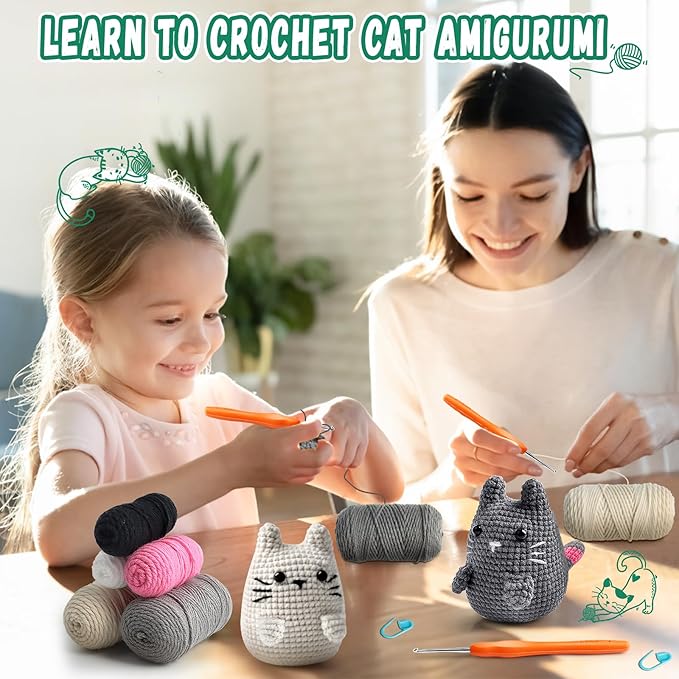 Faircosy Crochet Animals Kit for Beginners: Learn to Crochet Cats with Yarn, Hooks & Video Tutorials - DIY Amigurumi Starter Box - Perfect Christmas Holiday Gift for Teens & Adults