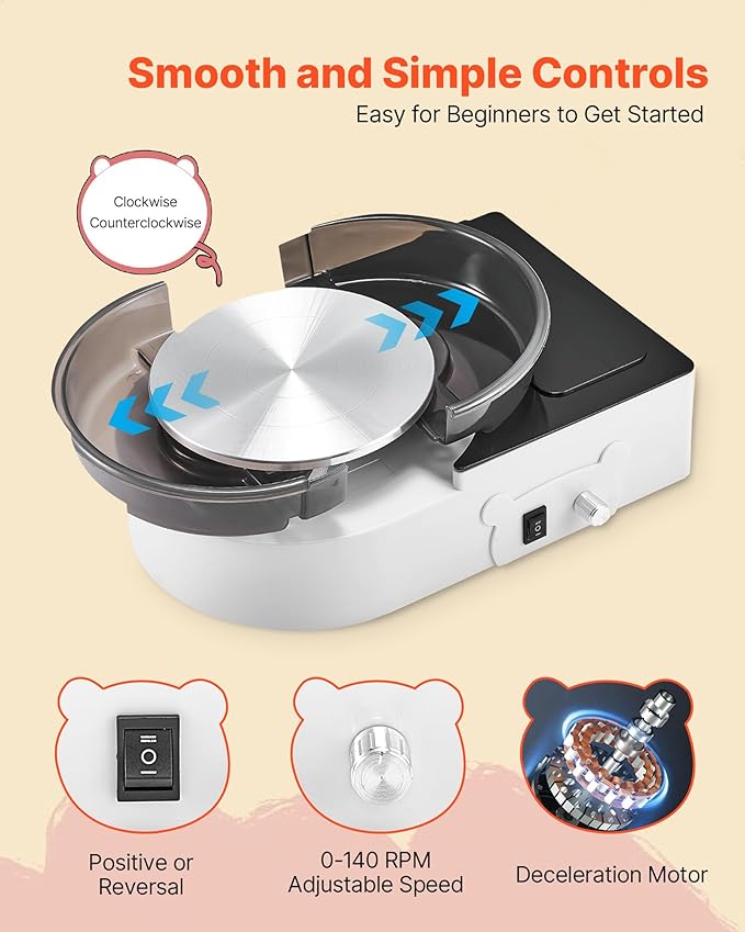 VEVOR Mini Pottery Wheel For Kids and Beginners, 6” Turntable, Two-way Rotation, Adjustable Speed, Complete Pottery Set with Clay Art Supplies Sculpting Tools, Craft Gifts for Kids Teens Adults, White