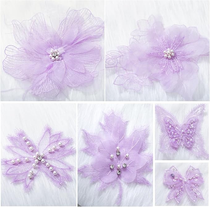 6 Pieces 3D Flower Lace Embroidery Butterflies Appliques Pearl Patches for Repairing and Decorating, Sewing Craft Clothing Jeans Jackets Bags (Purple)