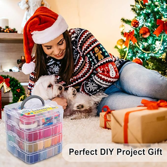 Inscraft 403 Pack Embroidery Floss Set, 250 Colors Cross Stitch Friendship Bracelet Thread with 153 Pcs Cross Stitch Tool, 4-Tier Transparent Box for Storage