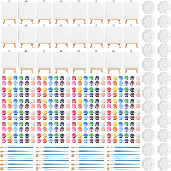 Qilery 24 Set 4 x 4 Inch Mini Canvas Panels and Easel Painting Kit, 12 Colors Acrylic Strips Palettes Brush, Art Set for Kids Oil Paint Crafts Birthday Party Favors