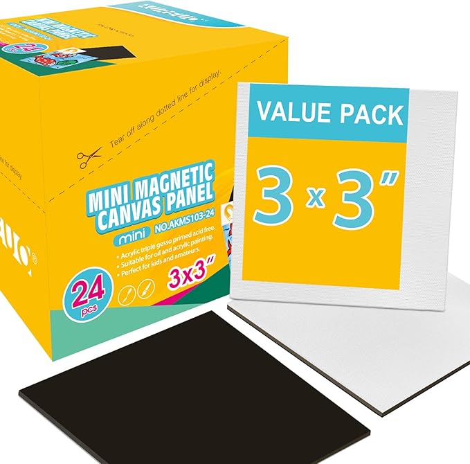AUREUO Mini Magnetic Canvas Panel 3x3 Inch / 24 Pack - Small Square Flat Canvas Board with Magnet Back Art Gift Set Bulk Pack Tiny Thin Canvases for Acrylic Painting & Craft