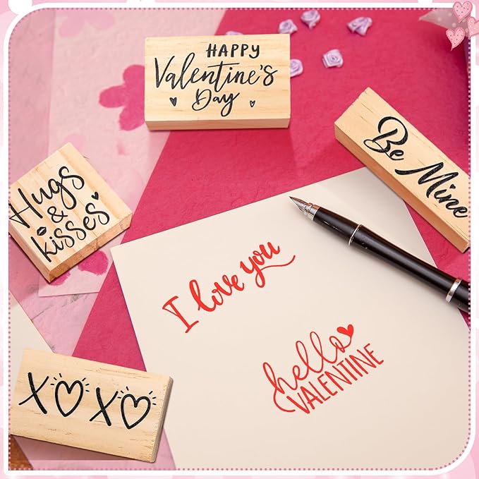 Watersay 6 Pcs Valentine Rubber Stamp Set Happy Valentine Day Wooden Rubber Stamp Vintage Art Print for Crafting Love Heart Pattern and DIY Scrapbooking Card Making Hand Book (Words)