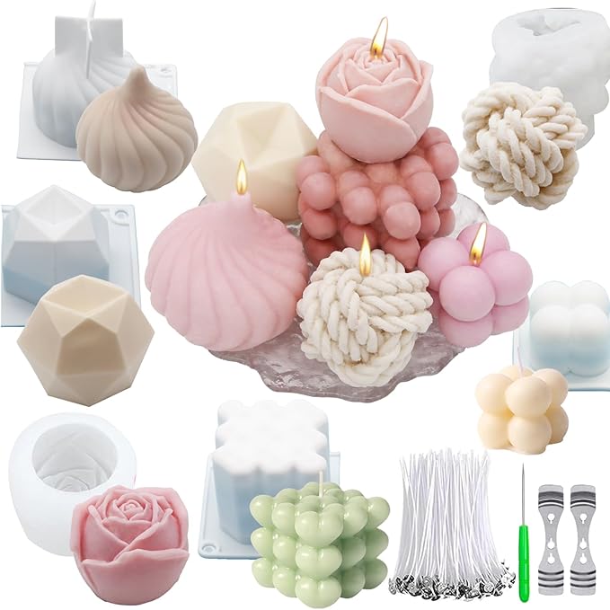 EuTengHao Silicone Candle Molds Set for Candle Making with Candle Wicks, 3D Silicone Mold for Soy Wax, Soap, Cake, Dessert DIY Scented Candle Craft Making