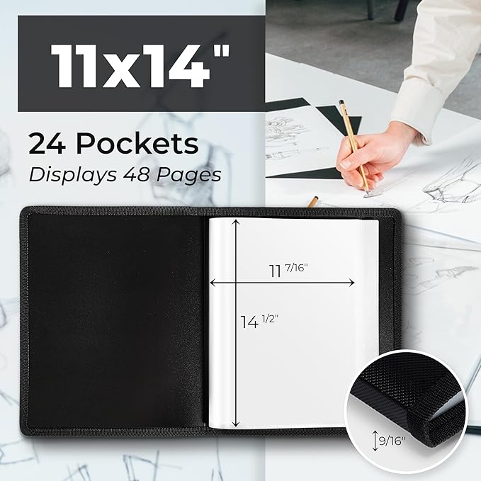 Dunwell 11x14 Art Portfolio Binder with Mounting Paper (Black), Large Portfolio Folder for Artwork Storage, 24 Sleeves Displays 48 Pages, 11 x 14 Presentation Book, Acid-Free Poly