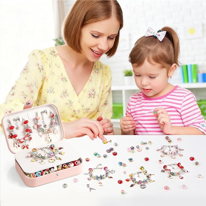 YJK Charm Bracelet Making Kit, 5-12 Year Old Girl Birthday Gifts, 133 Pcs DIY Beaded Jewelry Making Kit with Jewelry Box, Creative Crafts for Girls, Charm Necklace Making kit for Girls (Red & Pink)