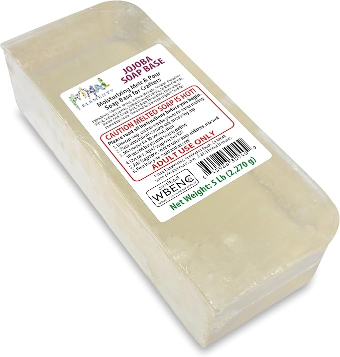 Primal Elements Jojoba Oil Soap Base - Moisturizing Melt and Pour Glycerin Soap Base for Crafting and Soap Making, Easy to Cut - 5 Pound