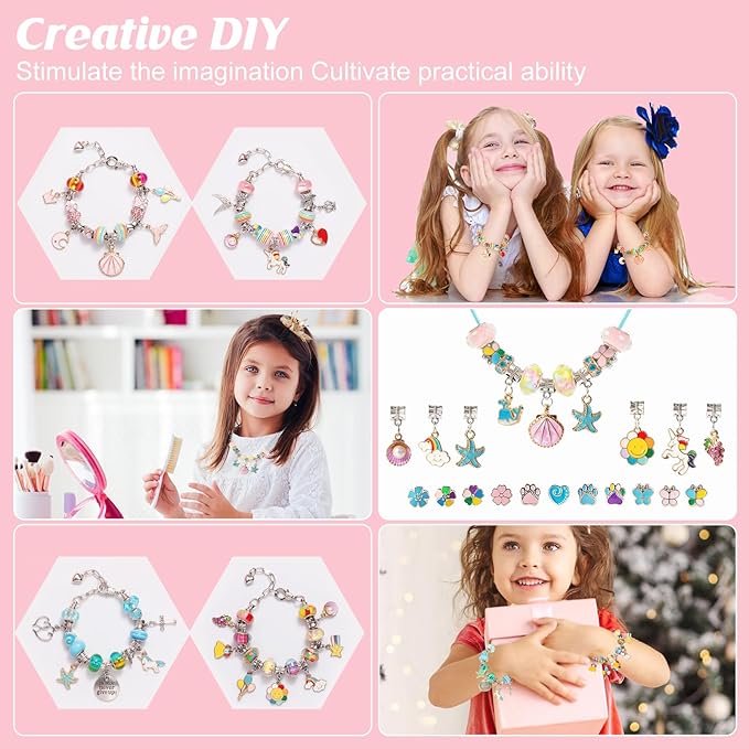YJK Charm Bracelet Making Kit, 5-12 Year Old Girl Birthday Gifts, 133 Pcs DIY Beaded Jewelry Making Kit with Jewelry Box, Creative Crafts for Girls, Charm Necklace Making kit for Girls (Blue & Pink)
