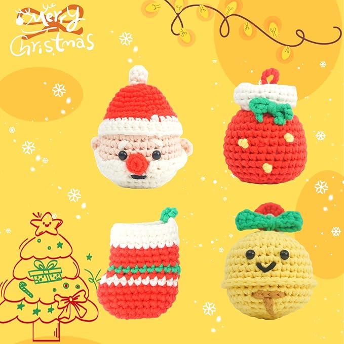 minimal beee Beginner Crochet Kit for Christmas– 4-Piece Santa & Stockings Set with Easy Peasy Yarn, Ergonomic Crochet Hooks, Video Tutorials, DIY Holiday Decor for Adults