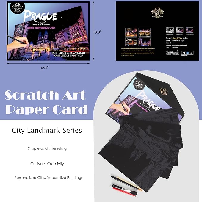 Scratch Art Paper for Adults Foil Art - Colorful City Series, Scratch Painting for Adults/Teens, Scratch and Sketch Craft Gift | Foil Engraving Scratch Art Adult (Set 2)