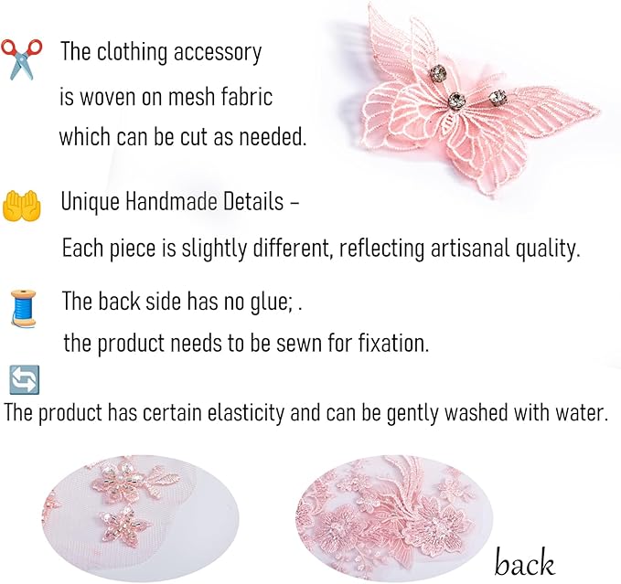 Flower Pearl Fabric Rhinestones Beaded Lace Applique,3D Butterfly Embroidered Lace Patch for Clothes,Dress (Pink)