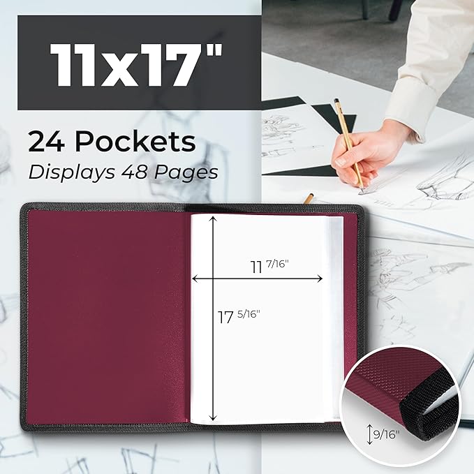 Dunwell 11x17 Art Portfolio Binder with Black Mounting Paper (Ruby), Large Portfolio Folder for Artwork Storage, 24 Clear Plastic Sleeves, Displays 48 Pages, Acid-Free Poly 11 x 17 Presentation Book