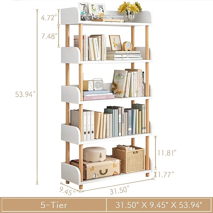 5-Tier Wooden Open Bookcase - Modern Display Bookshelf with Top Edge and Solid Wood Frame for Home and Office, Storage Cabinet, Warm White