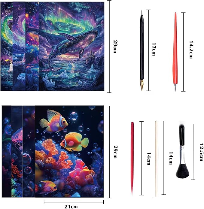Georgie Porgy Scratch Paper Art Set for Kids Adults Magic Rainbow Scratchboards for DIY Arts and Crafts Kits Christmas Birthday Gift with Scratching Tools Kit (A4-Noctilucent Whale + Sea World)