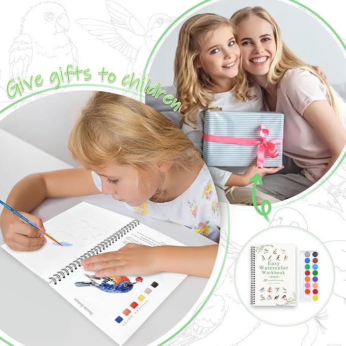 Watercolor Workbooks, 16 Colors Water Color Books Paint Set for Adults, Watercolor Coloring Book for Beginners, Water Color Workbook, 15 Beautiful Paintings for Beginners (Birds)