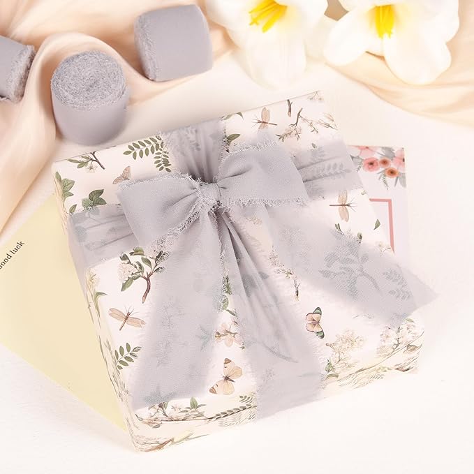 3 Rolls Light Gray Handmade Fringe Chiffon Ribbon 1.5" x 7Yd Silk-Like Colorful Rustic Ribbon for Bouquets Wrapping Decor Wedding Tie Invitations Crafts