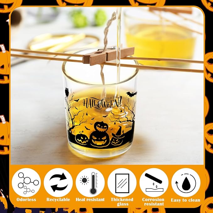 Ziliny 10 Pcs Halloween Village Glass Candle Jars Empty Containers Bulk 7 oz Halloween Glass Jars with Cork Lids Tins for Holiday Candle Making Storing Biscuits Tea Party Favors