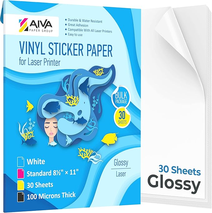 Printable Vinyl Sticker Paper for Laser Printer - Glossy White - 30 Self-Adhesive Sheets - Waterproof Decal Paper - Standard Letter Size 8.5"x11"