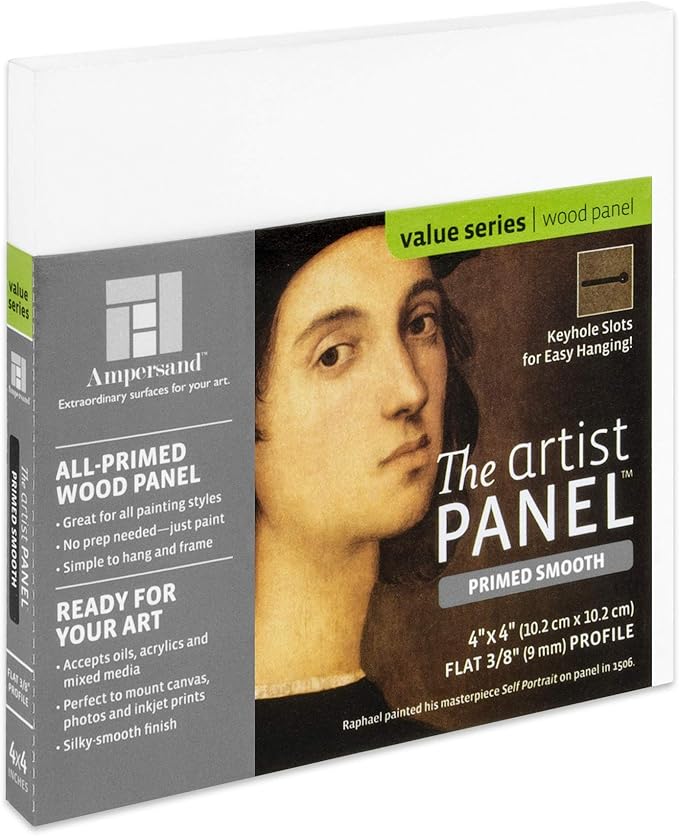 Ampersand Art Supply Wood Gesso Artist Painting Panel: Primed Smooth, 4" x 4", 3/8" Flat Profile