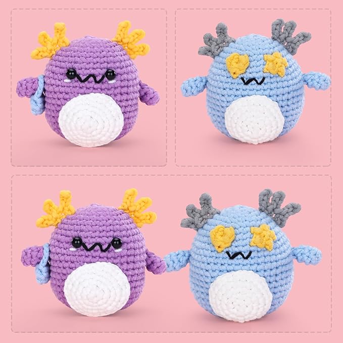 Crochet Kit for Beginners: 2 PCS Axolotl Crochet Kit, Create Your First, Include Hook, Soft Yarn, and Accessories, Starter DIY Crafts for Adults, Teens