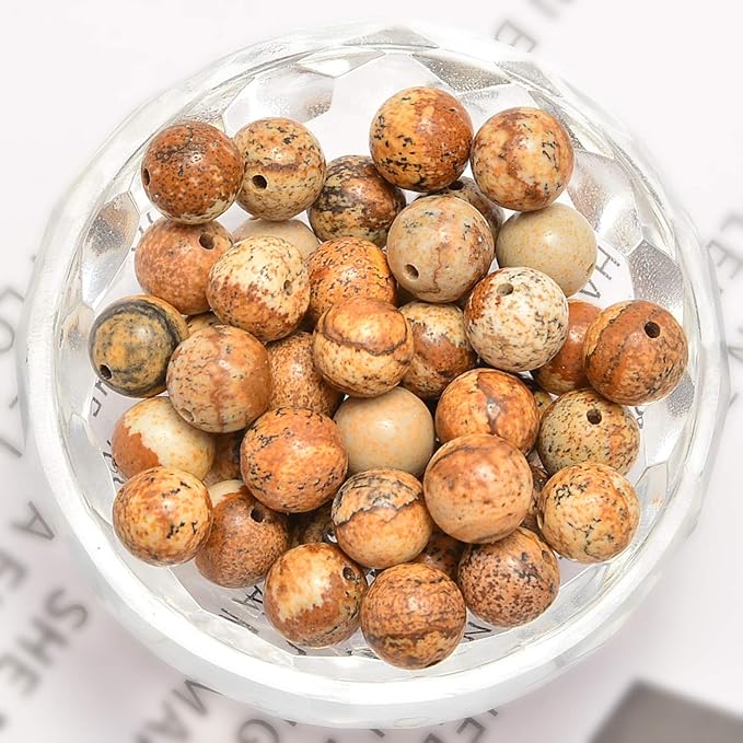 NCB Natural Stone Beads Yellow Picture Jasper Round Loose Gemstone DIY Charm Smooth Beads for Bracelet Necklace Earrings Jewelry Making Accessories Supplier (Yellow Picture Jasper, 8mm 200Beads)